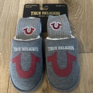 True Religion Men's Slipper & Sock Set Size 7-8 Gray Fleece Lined Logo – NEW